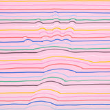Optical-illusion hand artwork created with POSCA markers, showing colourful horizontal lines on pink paper bending around the shape of a traced hand.