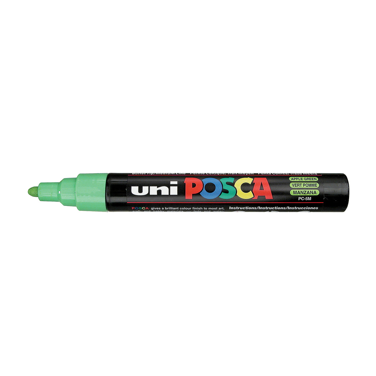 A uni POSCA paint marker shown horizontally against a white background. The glossy black cylindrical barrel carries the colourful POSCA branding and is topped by a uni clip, with the coloured cap or exposed bullet nib indicating the paint colour inside.

