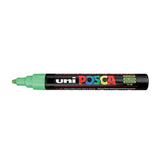 A uni POSCA paint marker shown horizontally against a white background. The glossy black cylindrical barrel carries the colourful POSCA branding and is topped by a uni clip, with the coloured cap or exposed bullet nib indicating the paint colour inside.
