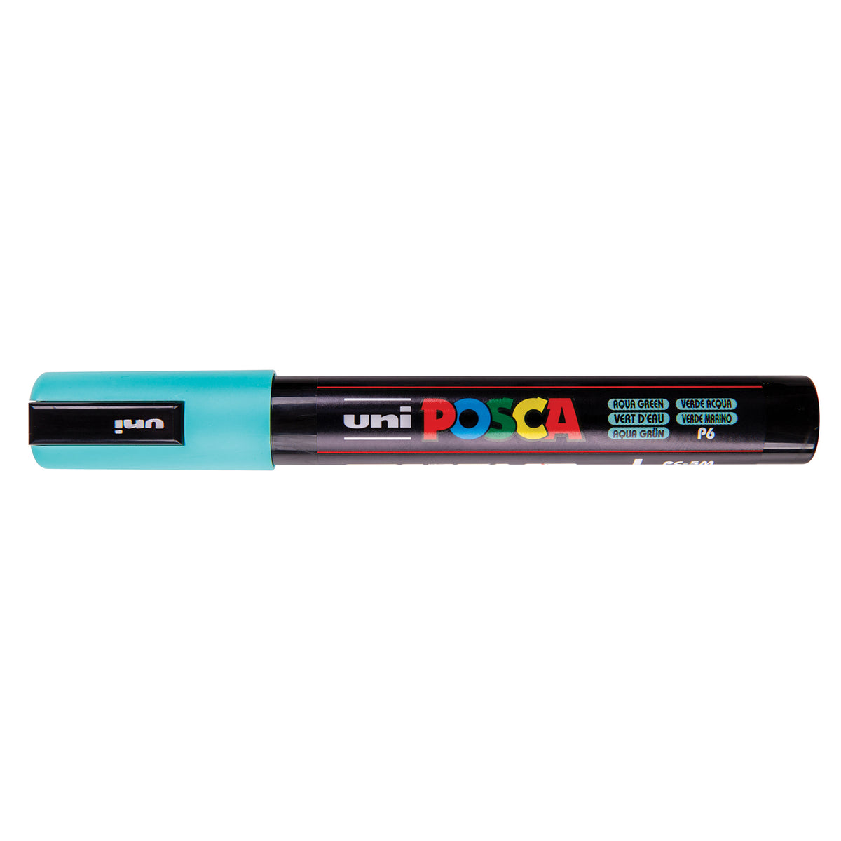 A uni POSCA paint marker shown horizontally against a white background. The glossy black cylindrical barrel carries the colourful POSCA branding and is topped by a uni clip, with the coloured cap or exposed bullet nib indicating the paint colour inside.