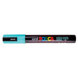 A uni POSCA paint marker shown horizontally against a white background. The glossy black cylindrical barrel carries the colourful POSCA branding and is topped by a uni clip, with the coloured cap or exposed bullet nib indicating the paint colour inside.