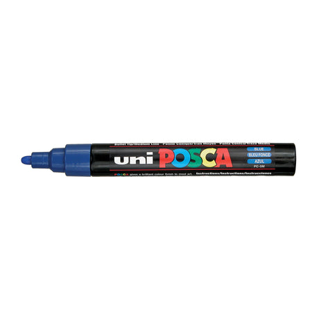 A uni POSCA paint marker shown horizontally against a white background. The glossy black cylindrical barrel carries the colourful POSCA branding and is topped by a uni clip, with the coloured cap or exposed bullet nib indicating the paint colour inside.