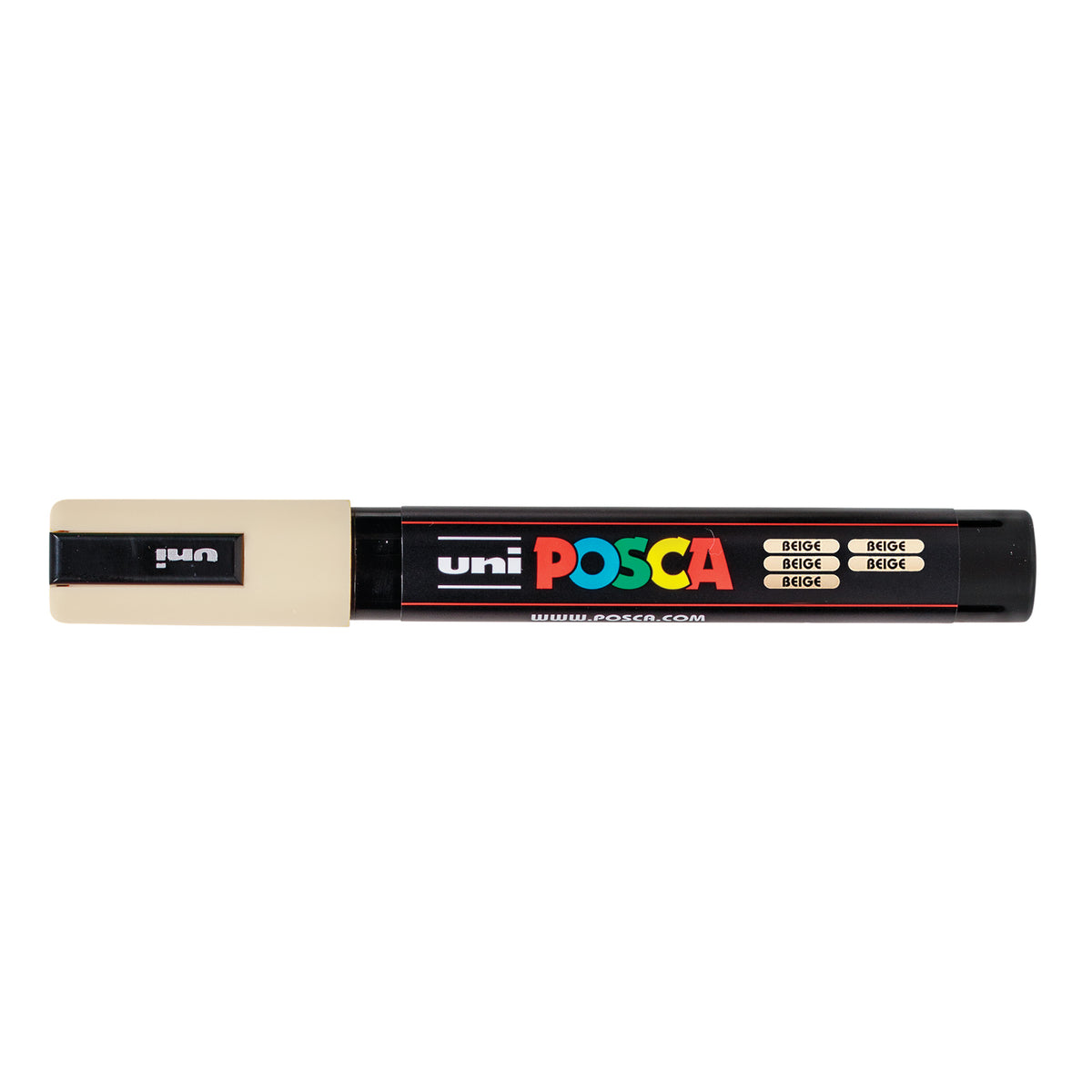 A uni POSCA paint marker shown horizontally against a white background. The glossy black cylindrical barrel carries the colourful POSCA branding and is topped by a uni clip, with the coloured cap or exposed bullet nib indicating the paint colour inside.