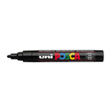 A uni POSCA paint marker shown horizontally against a white background. The glossy black cylindrical barrel carries the colourful POSCA branding and is topped by a uni clip, with the coloured cap or exposed bullet nib indicating the paint colour inside.