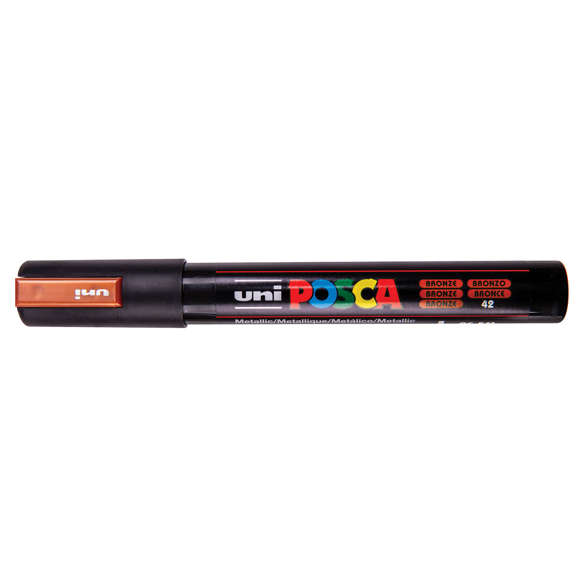A uni POSCA paint marker shown horizontally against a white background. The glossy black cylindrical barrel carries the colourful POSCA branding and is topped by a uni clip, with the coloured cap or exposed bullet nib indicating the paint colour inside.