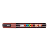 A uni POSCA paint marker shown horizontally against a white background. The glossy black cylindrical barrel carries the colourful POSCA branding and is topped by a uni clip, with the coloured cap or exposed bullet nib indicating the paint colour inside.