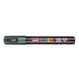 A uni POSCA paint marker shown horizontally against a white background. The glossy black cylindrical barrel carries the colourful POSCA branding and is topped by a uni clip, with the coloured cap or exposed bullet nib indicating the paint colour inside.