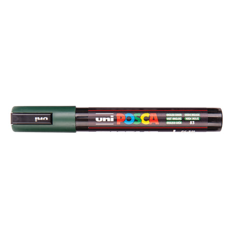 A uni POSCA paint marker shown horizontally against a white background. The glossy black cylindrical barrel carries the colourful POSCA branding and is topped by a uni clip, with the coloured cap or exposed bullet nib indicating the paint colour inside.