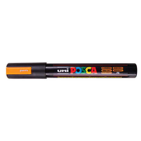 A uni POSCA paint marker shown horizontally against a white background. The glossy black cylindrical barrel carries the colourful POSCA branding and is topped by a uni clip, with the coloured cap or exposed bullet nib indicating the paint colour inside.