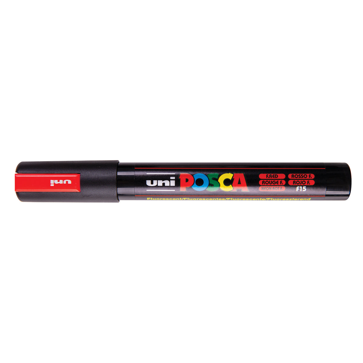 A uni POSCA paint marker shown horizontally against a white background. The glossy black cylindrical barrel carries the colourful POSCA branding and is topped by a uni clip, with the coloured cap or exposed bullet nib indicating the paint colour inside.