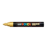 A uni POSCA paint marker shown horizontally against a white background. The glossy black cylindrical barrel carries the colourful POSCA branding and is topped by a uni clip, with the coloured cap or exposed bullet nib indicating the paint colour inside.