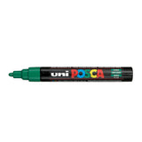 A uni POSCA paint marker shown horizontally against a white background. The glossy black cylindrical barrel carries the colourful POSCA branding and is topped by a uni clip, with the coloured cap or exposed bullet nib indicating the paint colour inside.