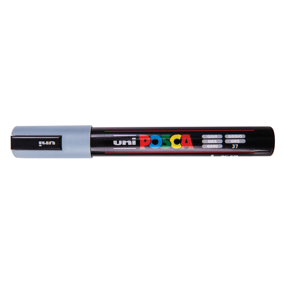 A uni POSCA paint marker shown horizontally against a white background. The glossy black cylindrical barrel carries the colourful POSCA branding and is topped by a uni clip, with the coloured cap or exposed bullet nib indicating the paint colour inside.