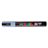 A uni POSCA paint marker shown horizontally against a white background. The glossy black cylindrical barrel carries the colourful POSCA branding and is topped by a uni clip, with the coloured cap or exposed bullet nib indicating the paint colour inside.