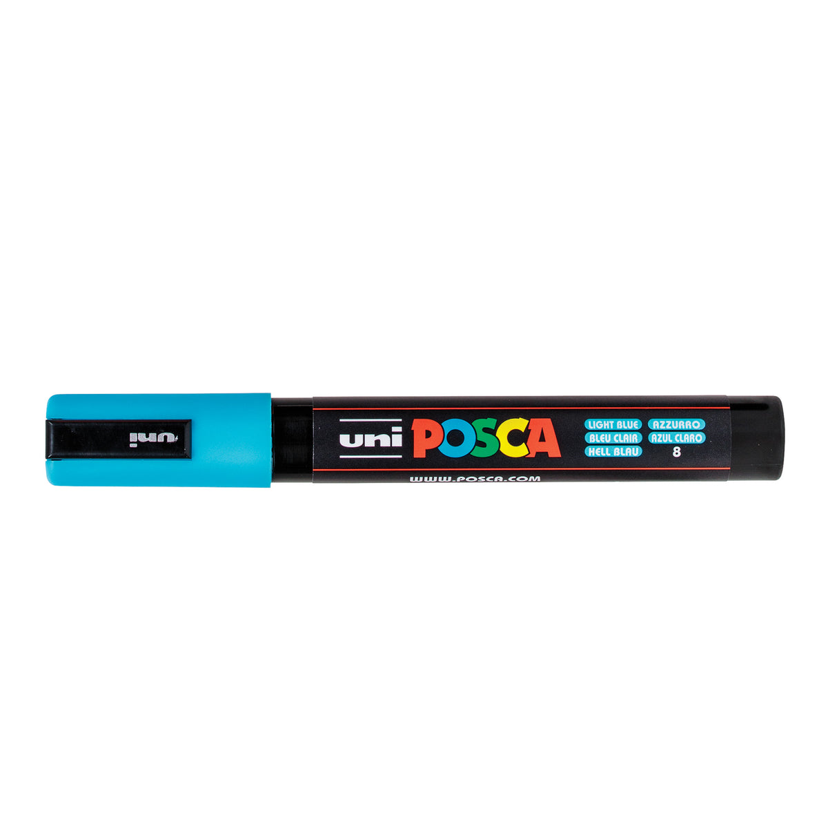 A uni POSCA paint marker shown horizontally against a white background. The glossy black cylindrical barrel carries the colourful POSCA branding and is topped by a uni clip, with the coloured cap or exposed bullet nib indicating the paint colour inside.
