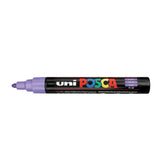 A uni POSCA paint marker shown horizontally against a white background. The glossy black cylindrical barrel carries the colourful POSCA branding and is topped by a uni clip, with the coloured cap or exposed bullet nib indicating the paint colour inside.