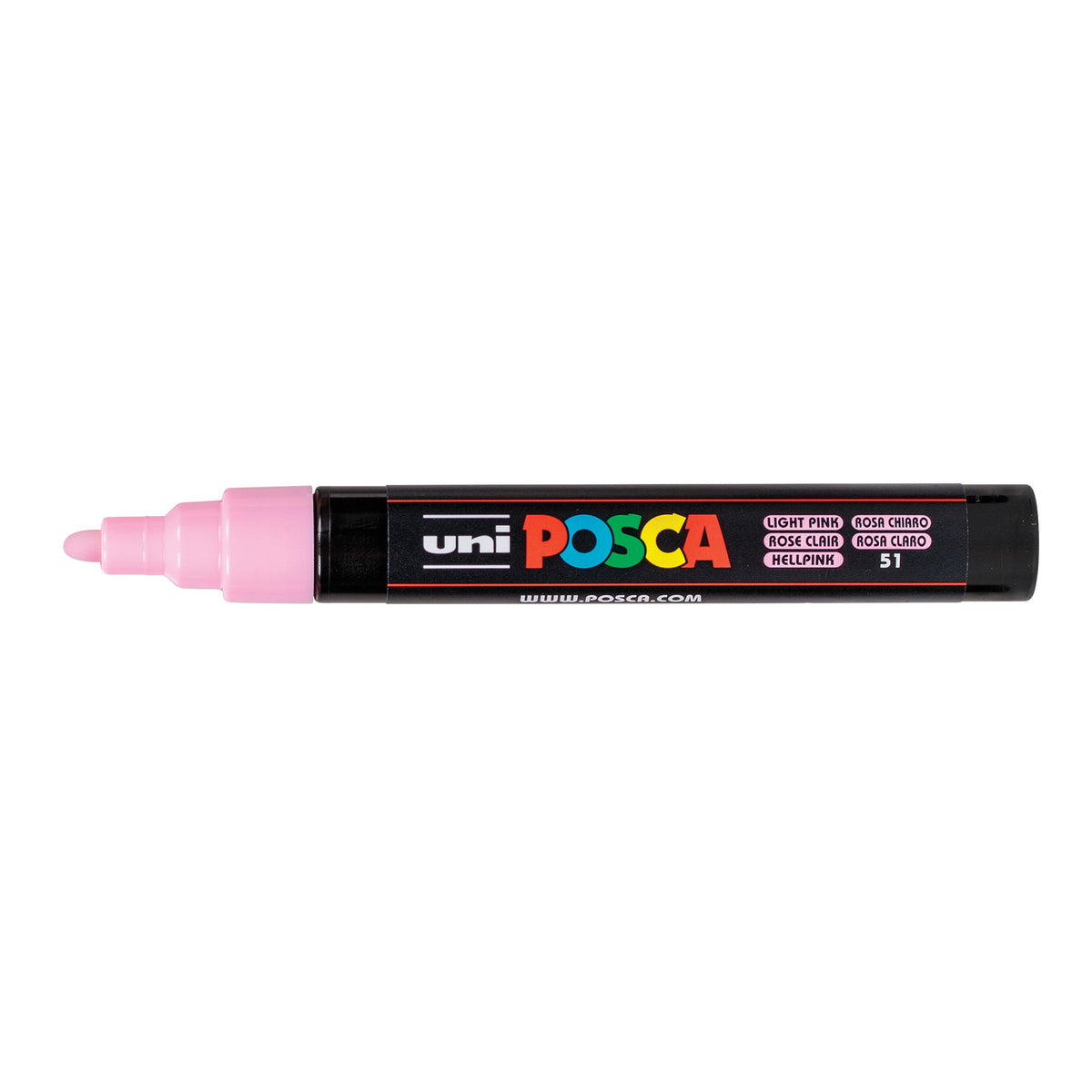 A uni POSCA paint marker shown horizontally against a white background. The glossy black cylindrical barrel carries the colourful POSCA branding and is topped by a uni clip, with the coloured cap or exposed bullet nib indicating the paint colour inside.