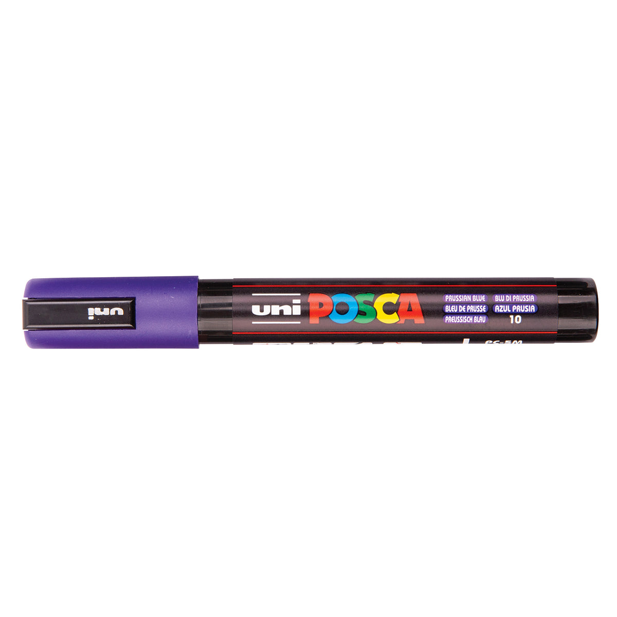 A uni POSCA paint marker shown horizontally against a white background. The glossy black cylindrical barrel carries the colourful POSCA branding and is topped by a uni clip, with the coloured cap or exposed bullet nib indicating the paint colour inside.