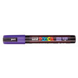 A uni POSCA paint marker shown horizontally against a white background. The glossy black cylindrical barrel carries the colourful POSCA branding and is topped by a uni clip, with the coloured cap or exposed bullet nib indicating the paint colour inside.