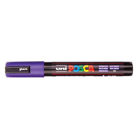 A uni POSCA paint marker shown horizontally against a white background. The glossy black cylindrical barrel carries the colourful POSCA branding and is topped by a uni clip, with the coloured cap or exposed bullet nib indicating the paint colour inside.