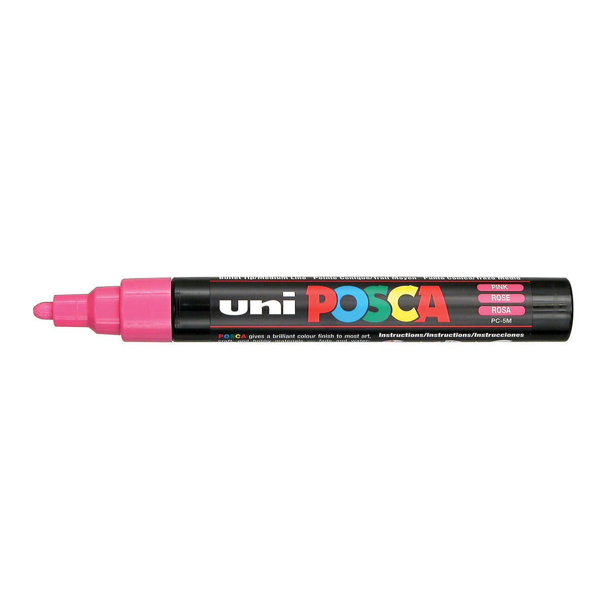 A uni POSCA paint marker shown horizontally against a white background. The glossy black cylindrical barrel carries the colourful POSCA branding and is topped by a uni clip, with the coloured cap or exposed bullet nib indicating the paint colour inside.