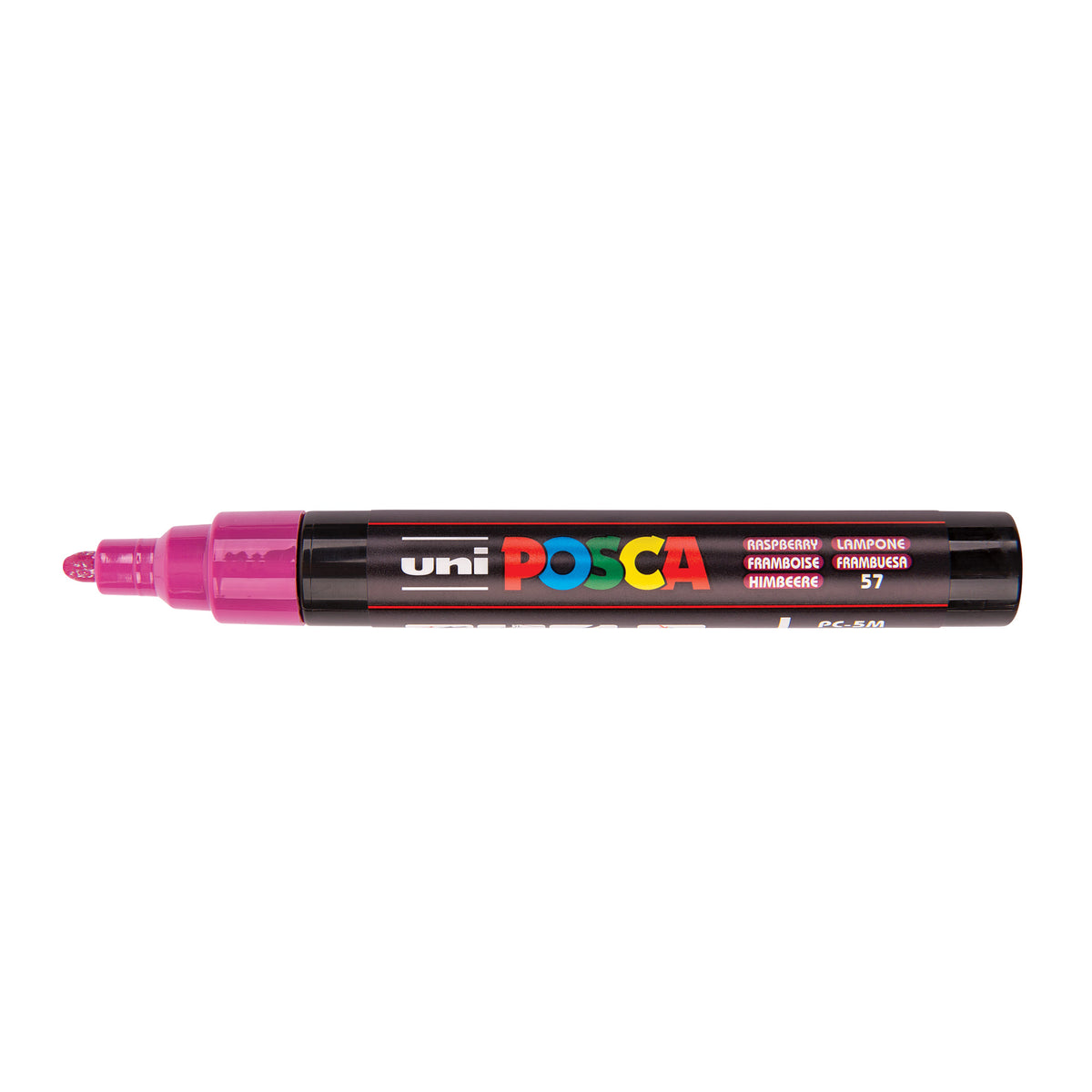 A uni POSCA paint marker shown horizontally against a white background. The glossy black cylindrical barrel carries the colourful POSCA branding and is topped by a uni clip, with the coloured cap or exposed bullet nib indicating the paint colour inside.