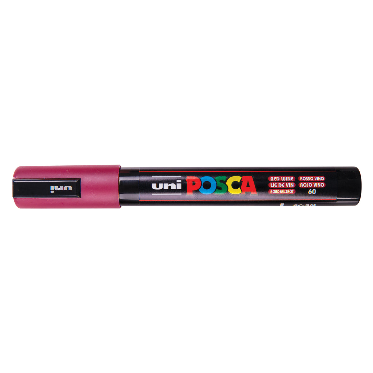 A uni POSCA paint marker shown horizontally against a white background. The glossy black cylindrical barrel carries the colourful POSCA branding and is topped by a uni clip, with the coloured cap or exposed bullet nib indicating the paint colour inside.