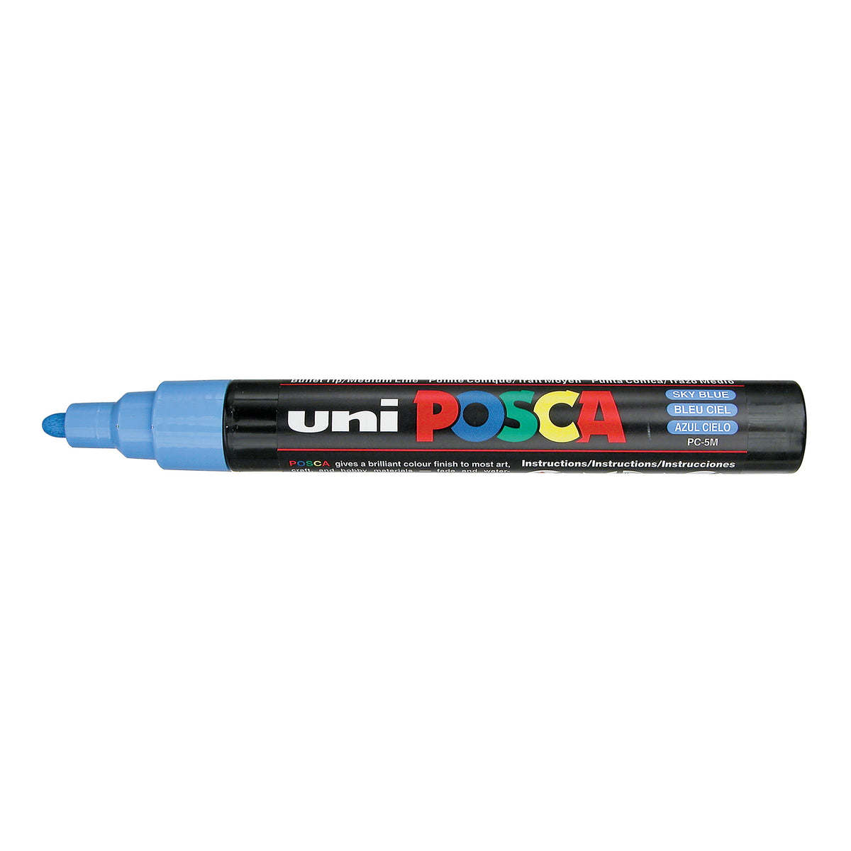 A uni POSCA paint marker shown horizontally against a white background. The glossy black cylindrical barrel carries the colourful POSCA branding and is topped by a uni clip, with the coloured cap or exposed bullet nib indicating the paint colour inside.