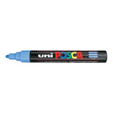 A uni POSCA paint marker shown horizontally against a white background. The glossy black cylindrical barrel carries the colourful POSCA branding and is topped by a uni clip, with the coloured cap or exposed bullet nib indicating the paint colour inside.