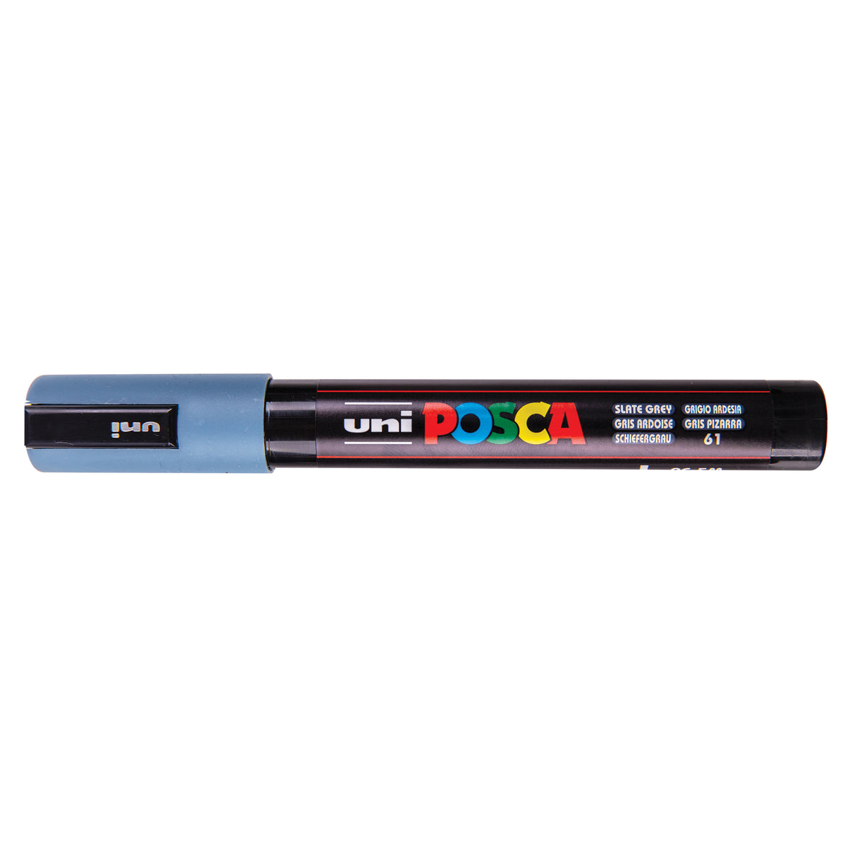 A uni POSCA paint marker shown horizontally against a white background. The glossy black cylindrical barrel carries the colourful POSCA branding and is topped by a uni clip, with the coloured cap or exposed bullet nib indicating the paint colour inside.