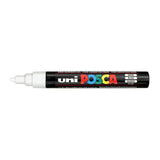 A uni POSCA paint marker shown horizontally against a white background. The glossy black cylindrical barrel carries the colourful POSCA branding and is topped by a uni clip, with the coloured cap or exposed bullet nib indicating the paint colour inside.