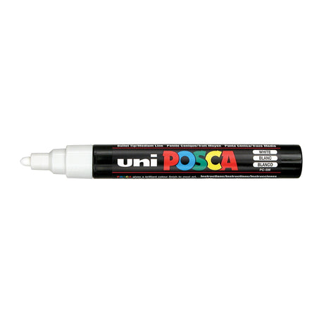 A uni POSCA paint marker shown horizontally against a white background. The glossy black cylindrical barrel carries the colourful POSCA branding and is topped by a uni clip, with the coloured cap or exposed bullet nib indicating the paint colour inside.
