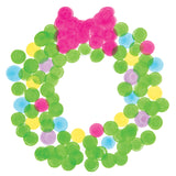 A round wreath shape made from clustered green dot prints using Zart Colour Apps Minis, dotted throughout with small yellow, blue and purple accents, and topped with a layered pink bow formed from overlapping circular dabs in the same dotting technique.