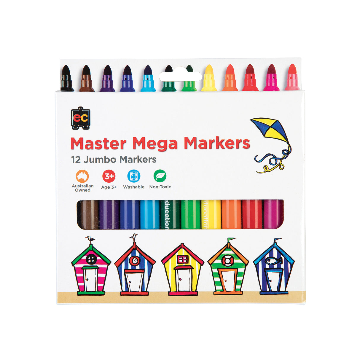 Product box labelled “Master Mega Markers 12 Jumbo Markers” featuring icons “Australian Owned”, “Age 3+”, “Washable” and “Non-Toxic”. A clear window reveals the colourful marker barrels inside, with playful beach hut illustrations decorating the lower section.