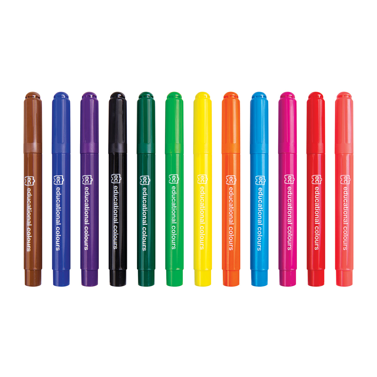 Twelve jumbo markers in assorted colours arranged in a straight row on a white background, including brown, blue, purple, black, green, yellow, orange, red and pink. Each barrel is printed with “ec educational colours” in white text.