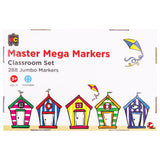 Large box labelled “Master Mega Markers Classroom Set 288 Jumbo Markers” with icons “3+ Age 3+” and “Washable” displayed prominently. The packaging features colourful illustrated beach huts along the bottom, reinforcing its classroom-friendly presentation and vibrant appeal.