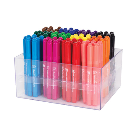 Clear plastic storage tray filled with assorted jumbo markers arranged upright by colour, including blues, pinks, reds, oranges, greens, purples, brown and black. The thick barrels and rounded lids emphasise their sturdy, classroom-ready construction.