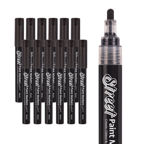 A group of Street Paint Markers by Zart with black caps is arranged in rows beside a close-up of the marker tip. The glossy black barrels feature white branding, and the rounded nib appears saturated with dark pigment.