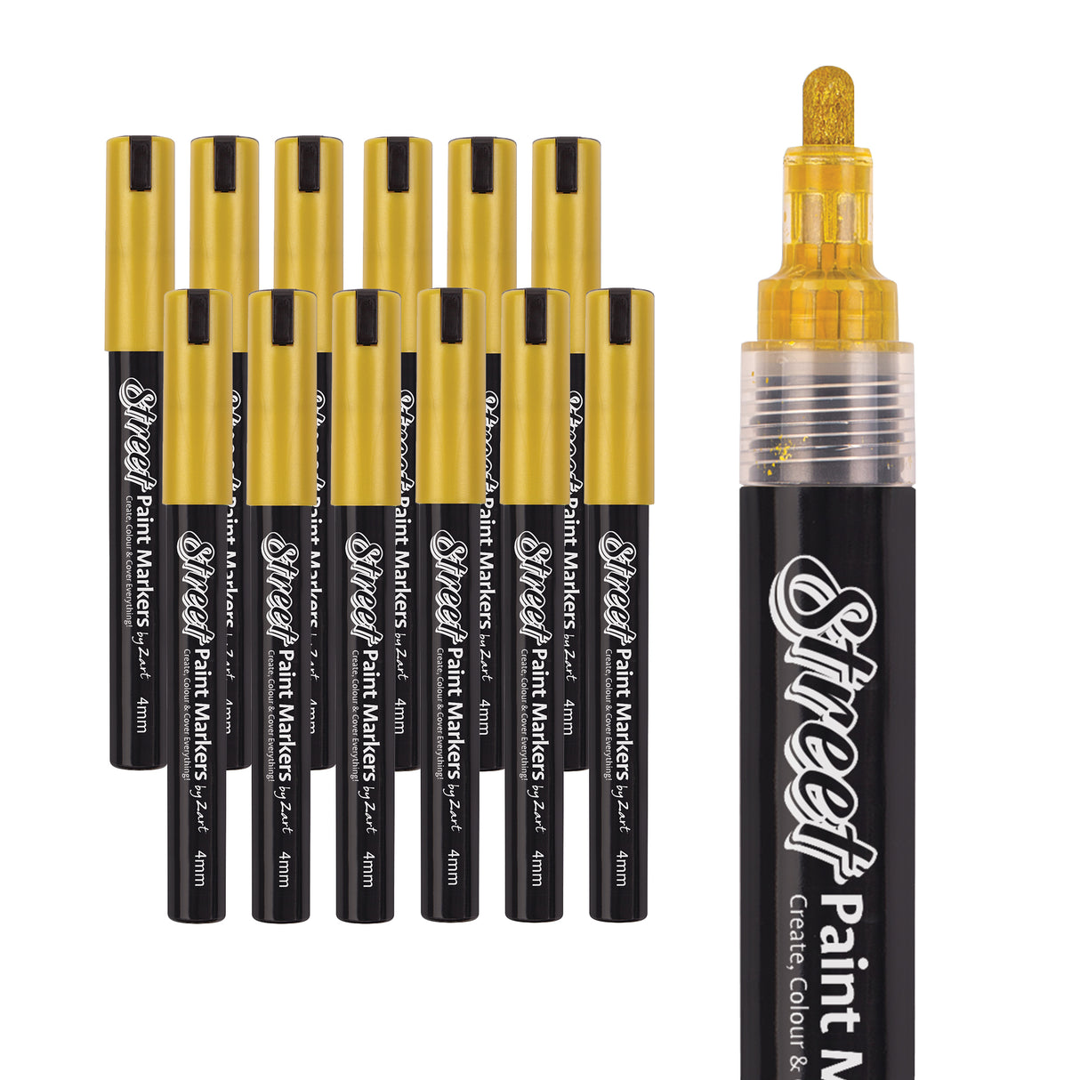 Street Paint Markers by Zart with metallic gold caps are displayed in a clustered arrangement next to a detailed nib close-up. The nib shows a shimmering gold tone, and the barrels contrast with their reflective caps.