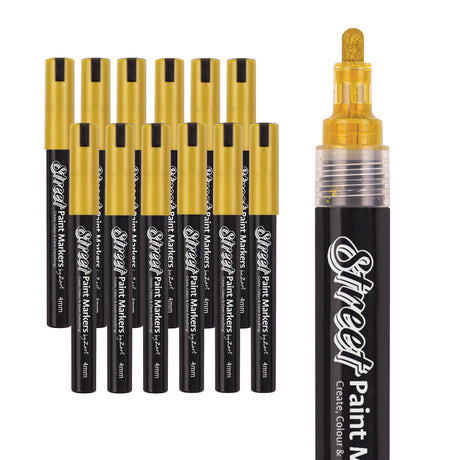 Street Paint Markers by Zart with metallic gold caps are displayed in a clustered arrangement next to a detailed nib close-up. The nib shows a shimmering gold tone, and the barrels contrast with their reflective caps.