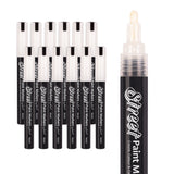 Street Paint Markers by Zart with white caps are grouped neatly, accompanied by a close-up of the nib. The tip appears coated in pale, opaque pigment, contrasting with the glossy black barrel and clean white cap.