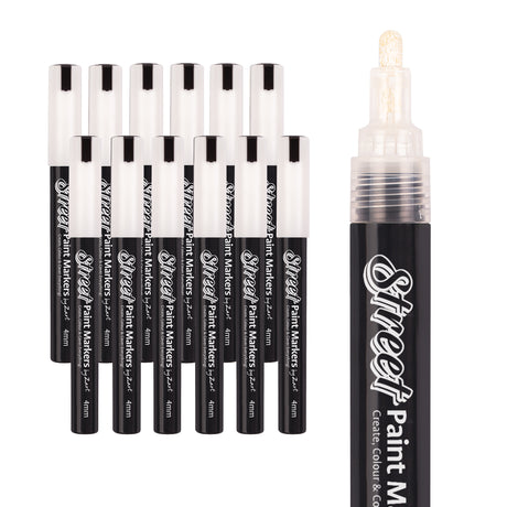 Street Paint Markers by Zart with white caps are grouped neatly, accompanied by a close-up of the nib. The tip appears coated in pale, opaque pigment, contrasting with the glossy black barrel and clean white cap.