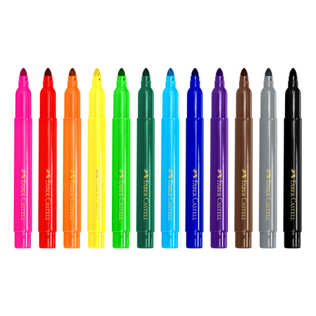 Twelve Faber-Castell Jumbo Project Markers arranged in a row displaying a vibrant colour range including pink, red, orange, yellow, green, teal, light blue, dark blue, purple, brown, grey, and black. Each marker features a bullet tip and the Faber-Castell logo printed vertically on the barrel.
