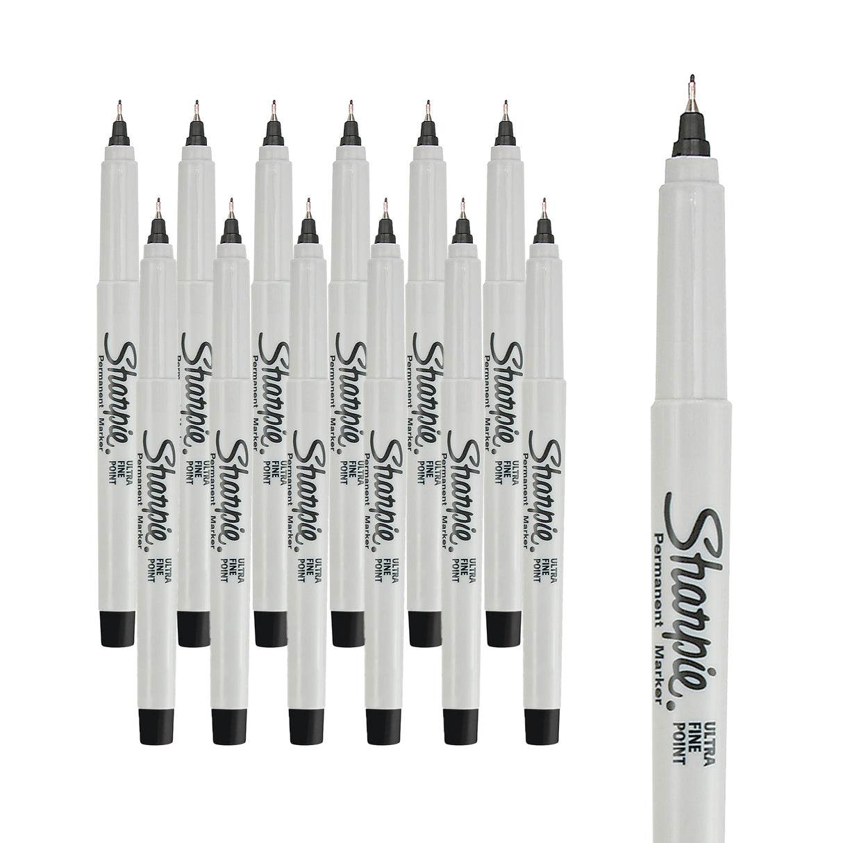 Sharpie Ultra Fine Permanent Marker pens shown as a pack of twelve, arranged in two staggered rows behind a larger single pen on the right. Each glossy white barrel tapers at the top to a small metal tip holding a fine black point, with a black end plug at the base.