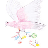 A Zart Basics Coloured Watercolour Pencils drawing of a pink and grey galah in flight, rendered with soft blended pencil shading. Its clawed foot grips a string of Christmas lights and ornaments in orange, blue, yellow and green, with a candy cane and bauble dangling below.