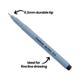 A close-up of a light blue Fineliner by Zart pen shown diagonally on a white background. The fine metal tip is visible. Black arrows point to the tip and barrel with text reading “0.3mm durable tip” and “Ideal for fine line drawing”.