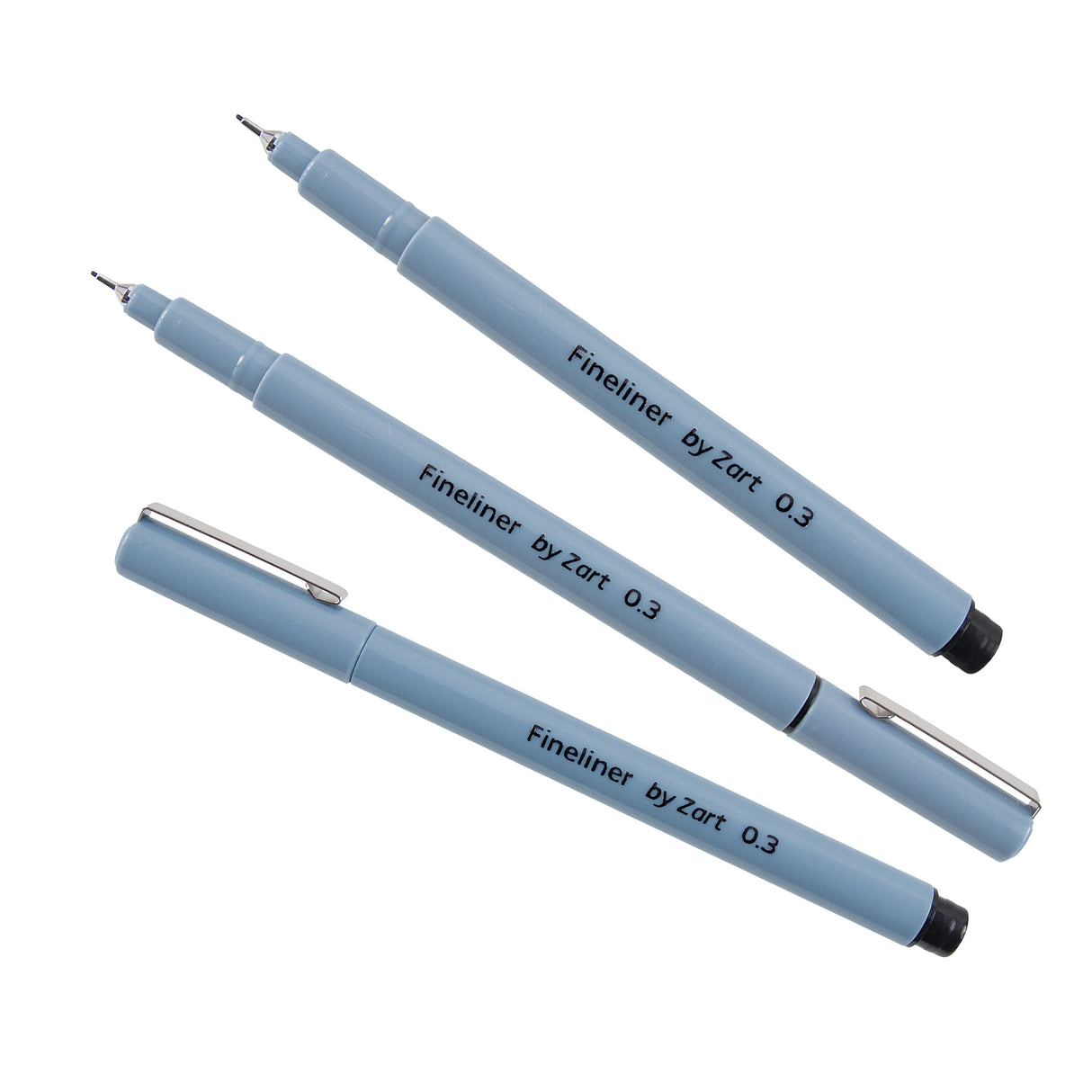 Three light blue Fineliner by Zart pens displayed on a white background, shown both capped and uncapped. The fine 0.3 tip, clip lid, and printed branding “Fineliner by Zart 0.3” on the barrel are clearly visible.