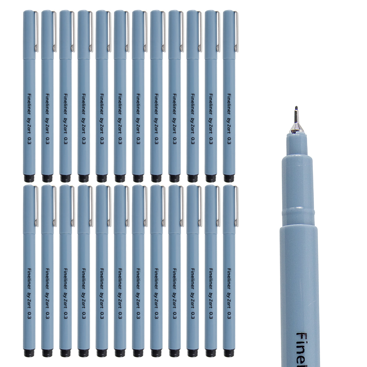 A large group of 24 light blue Fineliner by Zart pens arranged neatly in rows on a white background. Each pen has a clip lid and is labelled “Fineliner by Zart 0.3”, indicating a class-pack quantity.