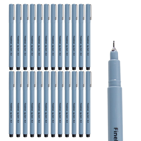 A large group of 24 light blue Fineliner by Zart pens arranged neatly in rows on a white background. Each pen has a clip lid and is labelled “Fineliner by Zart 0.3”, indicating a class-pack quantity.
