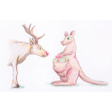 A Zart Basics Triangular Coloured Pencils drawing of an antlered reindeer facing a kangaroo, rendered in soft coloured pencil shading with visible hatching strokes. The kangaroo holds a green gift box tied with a pink ribbon bow in its pouch, set against a plain white background.